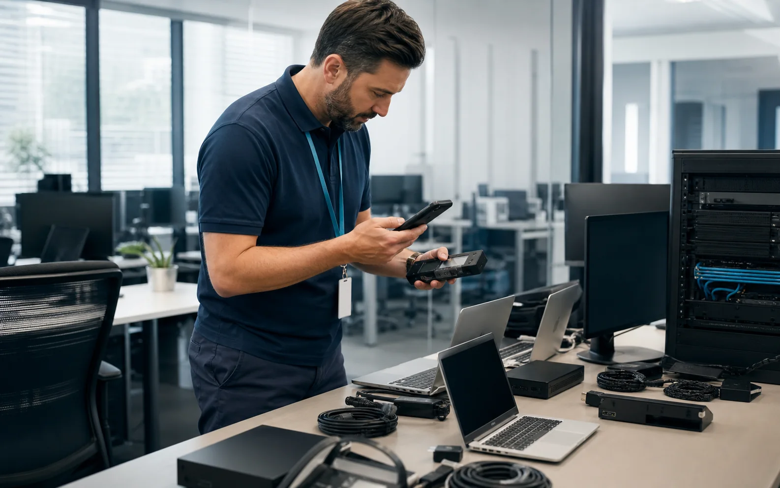 Técnico inventariando ordenadores y equipos IT en una oficina