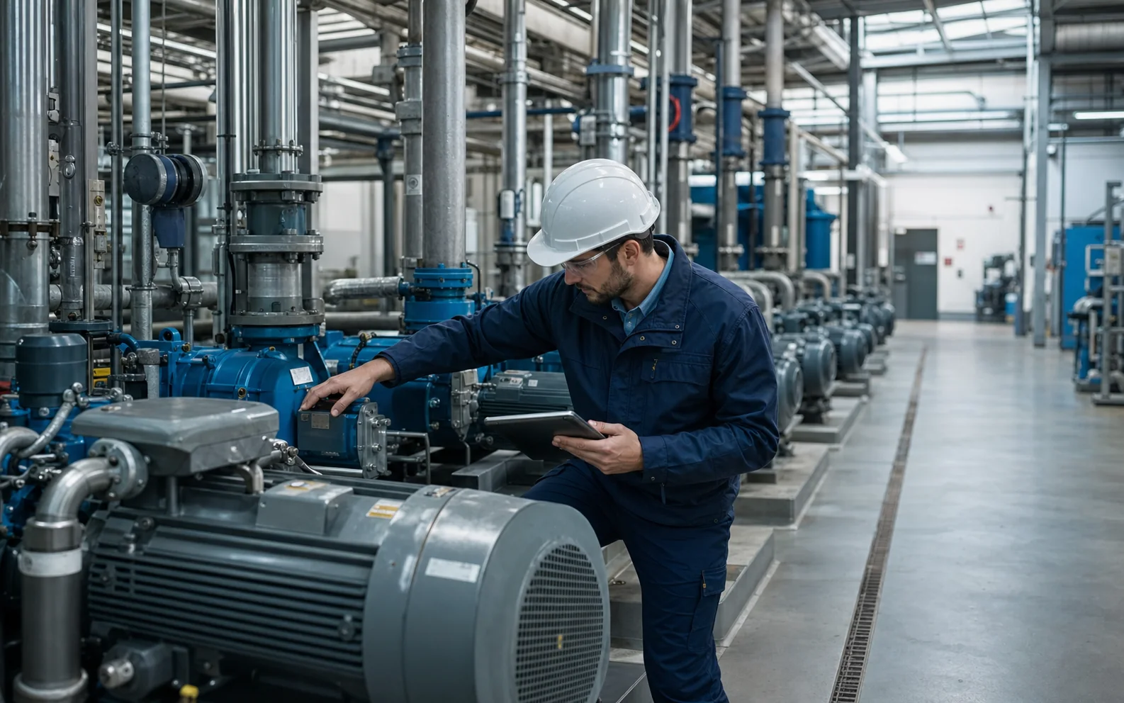 Técnico revisando bombas y motores de una planta industrial
