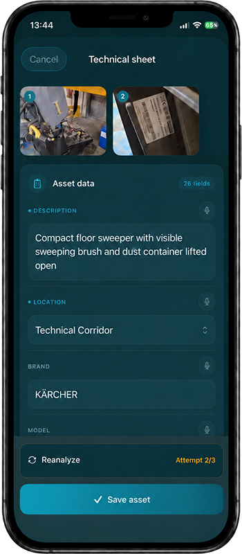 Ficha técnica de un activo con datos extraídos por IA